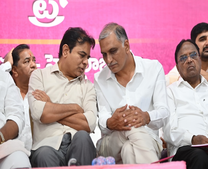 KTR & Harish Rao Reach TG Bhavan Amid Tight Security
