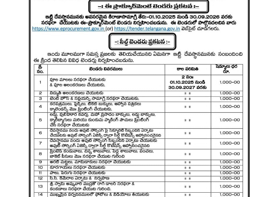 ఆలయంలో సీల్డు టెండర్ ప్రకటన విడుదల