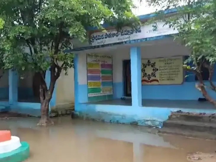 వర్షానికి పాఠశాల ఆవరణలో నిలిచిన నీరు