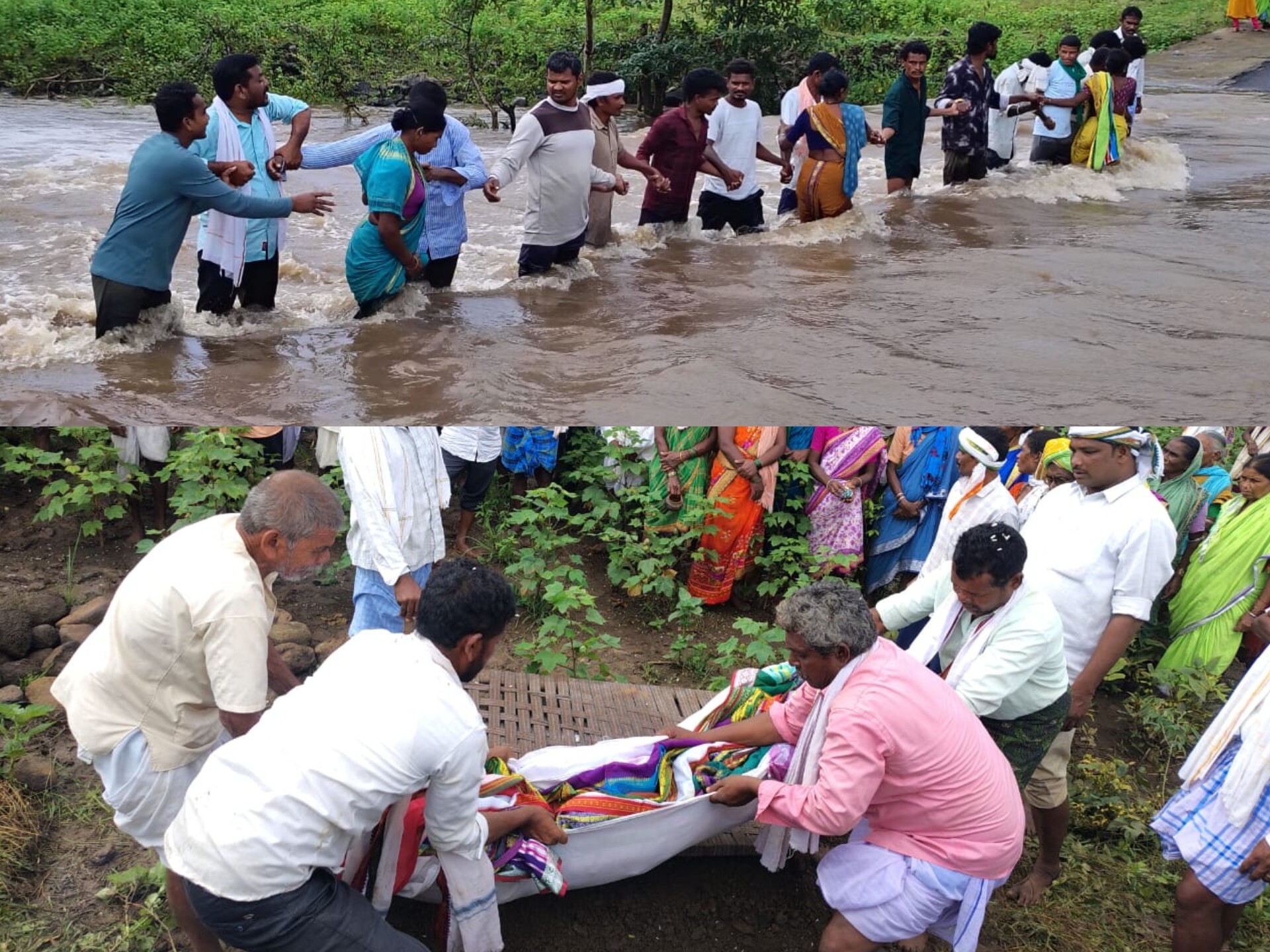 వాగు దాటి.. అంత్యక్రియలు చేసిన గ్రామస్తులు