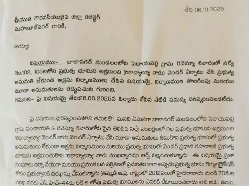 ప్రభుత్వ భూమిని కాపాడాలని.. కలెక్టర్‌కు ఫిర్యాదు
