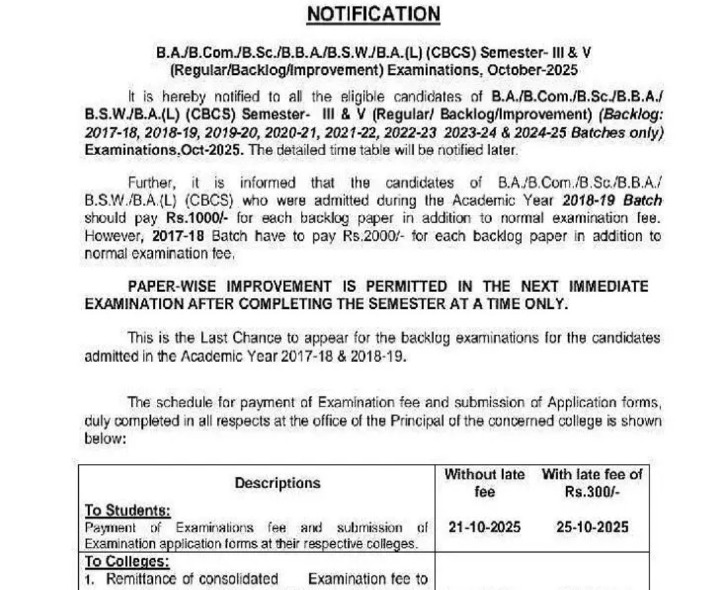 యూనివర్సిటీ డిగ్రీ పరీక్ష ఫీజు తేదీలు విడుదల
