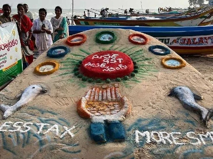 సూపర్ జీఎస్టీ సైకత శిల్పం ప్రదర్శన