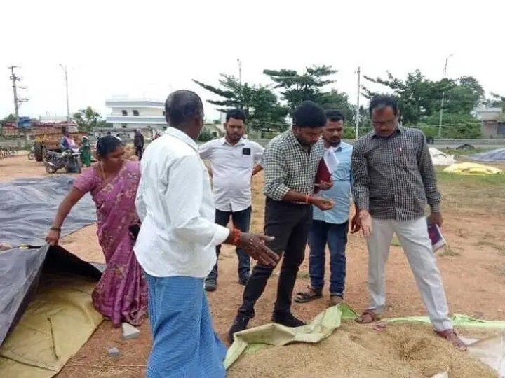 తడిసిన ధాన్యాన్ని పరిశీలించిన తహశీల్దార్