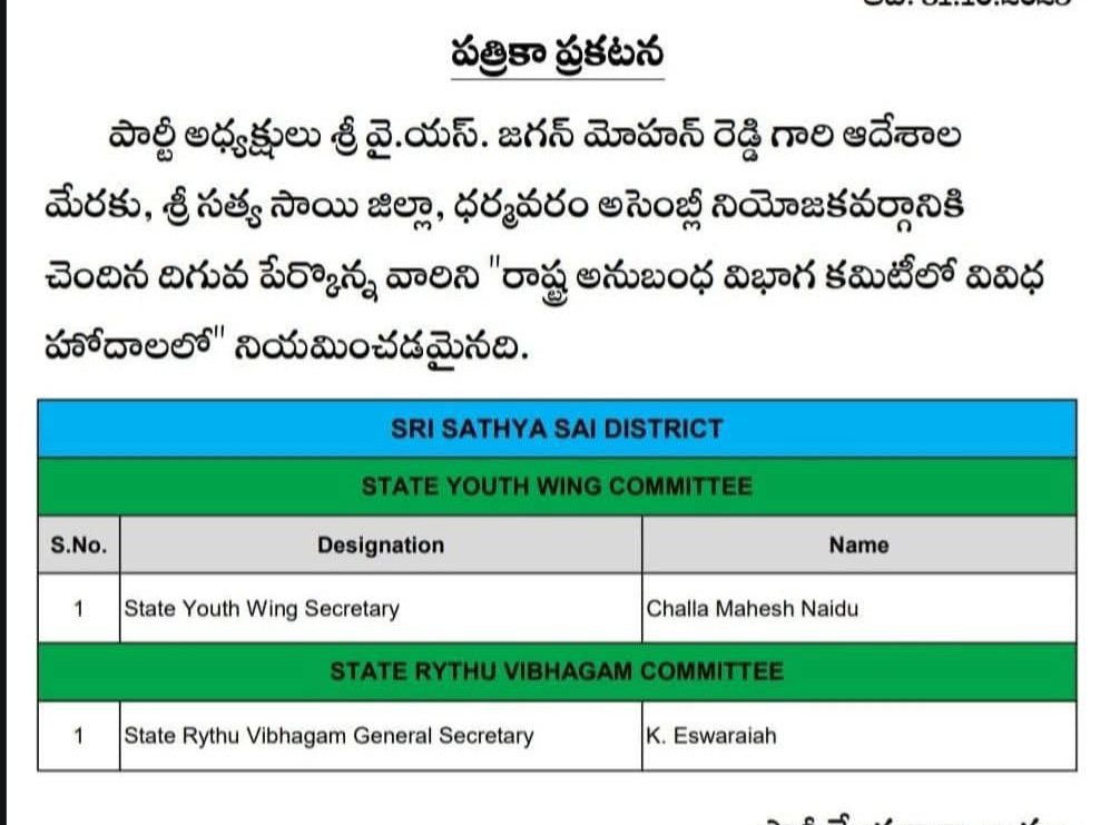 ధర్మవరం నేతలకు వైసీపీలో పదవులు