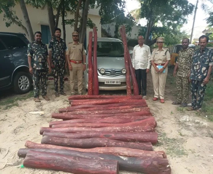 ఎర్రచందనం స్మగ్లర్లపై దాడి.. 20 దుంగల స్వాధీనం