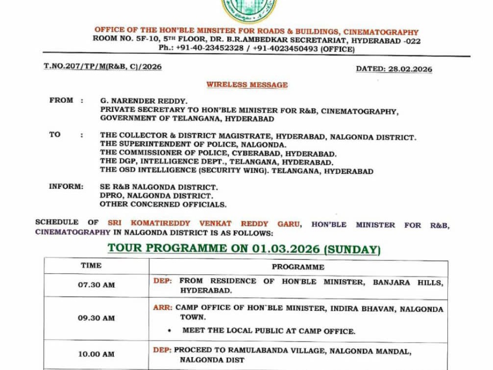 మంత్రి కోమటిరెడ్డి నేటి పర్యటన షెడ్యూల్