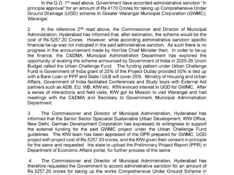 గ్రేటర్ వరంగల్ నగరానికి నిధులు మంజూరు