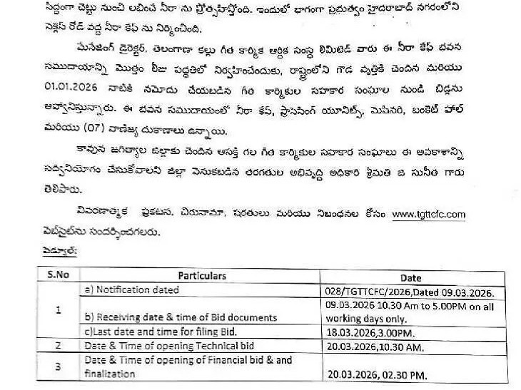 నీరా కేప్ నిర్వహణ లీజుకు దరఖాస్తుల ఆహ్వానం