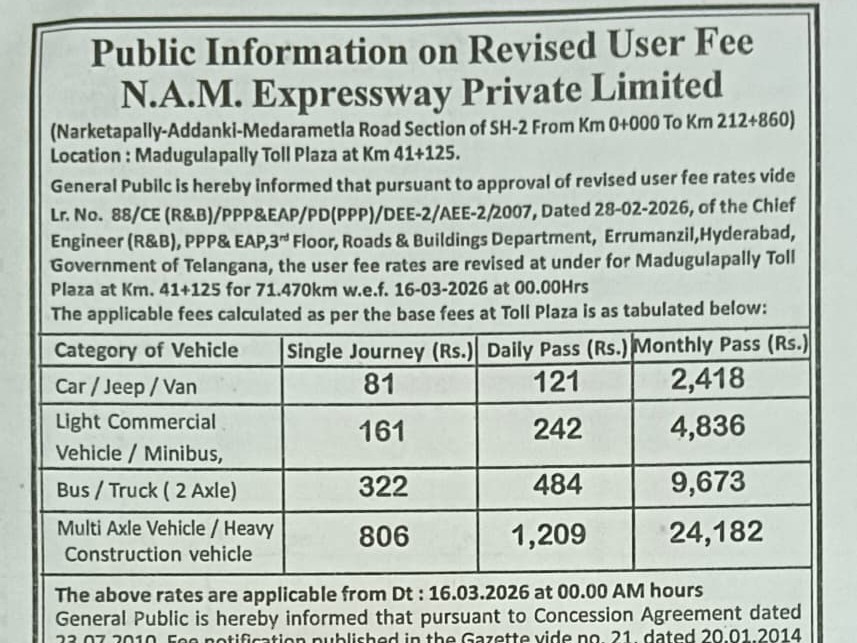 ఈనెల 16 నుంచి టోల్ చార్జీలు పెంపు