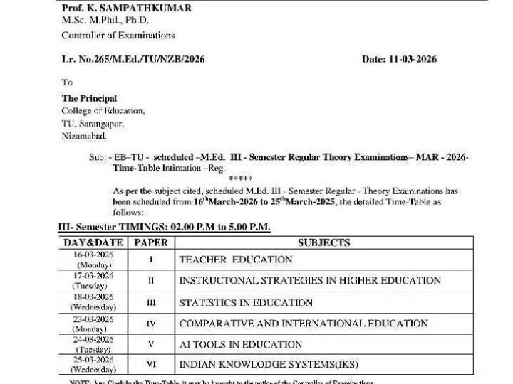 నేటి నుంచి M.Ed మూడో సెమిస్టర్ పరీక్షలు