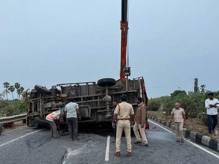 హైవేపై టైరు పగిలి లారీ బోల్తా