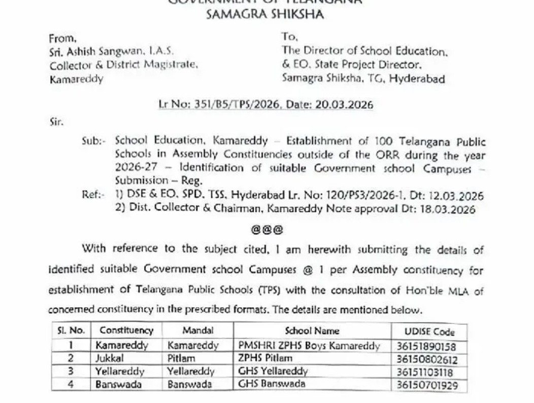 జిల్లాలో నాలుగు తెలంగాణ పబ్లిక్ స్కూల్స్ ఏర్పాటు