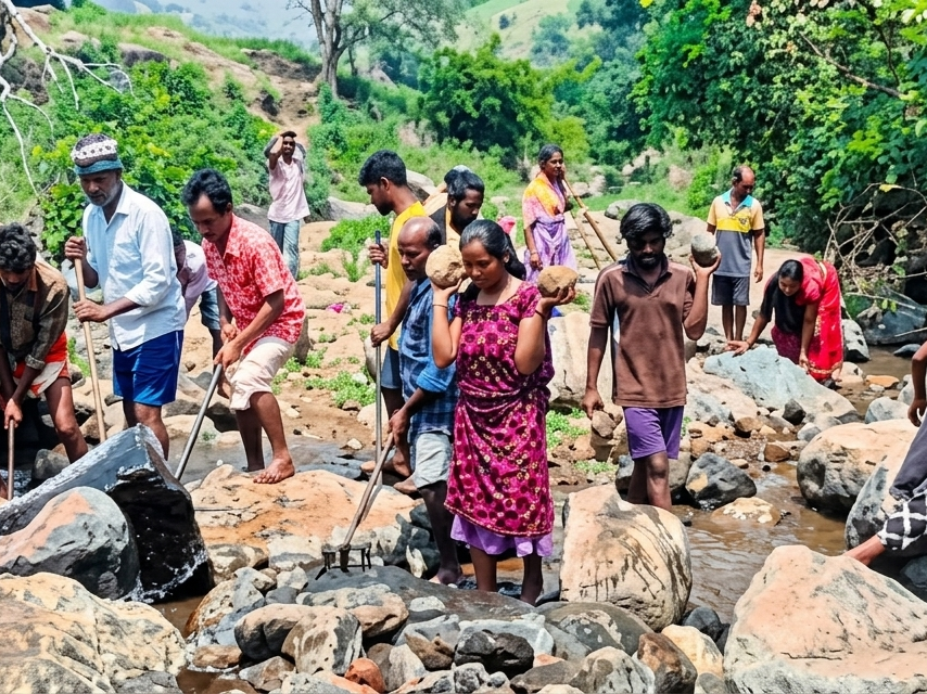 శ్రమదానంతో గెడ్డపై తాత్కాలిక రహదారి