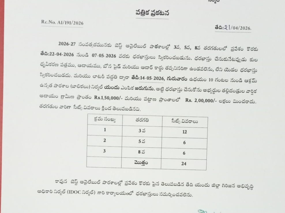 గిరిజన పాఠశాలల్లో ప్రవేశాలకు దరఖాస్తుల ఆహ్వానం