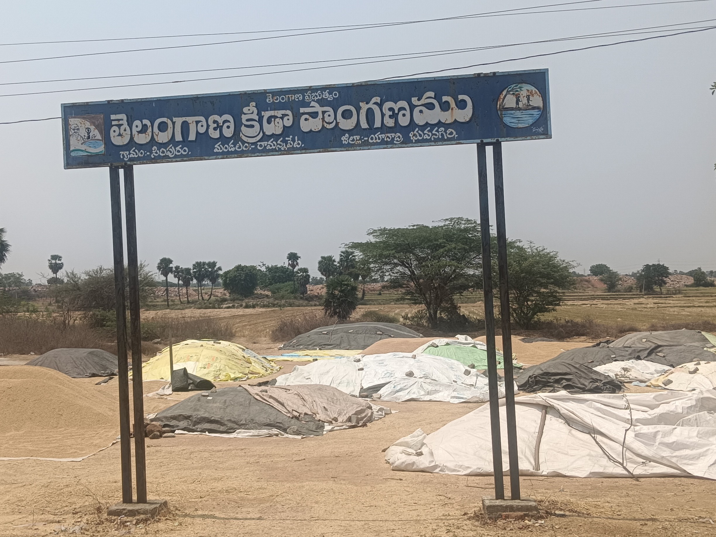 ధాన్యం రాశులతో నిండుకున్న క్రీడా ప్రాంగణం