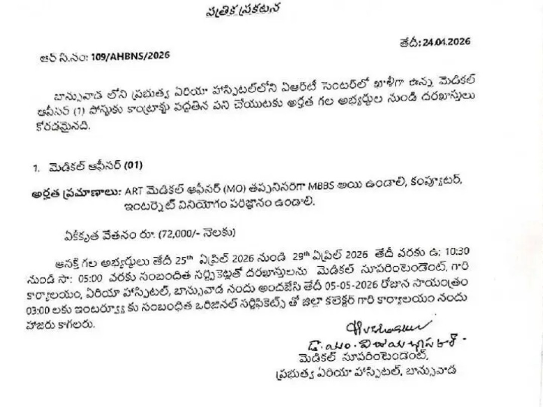 మెడికల్ ఆఫీసర్ పోస్టుకు దరఖాస్తుల ఆహ్వానం