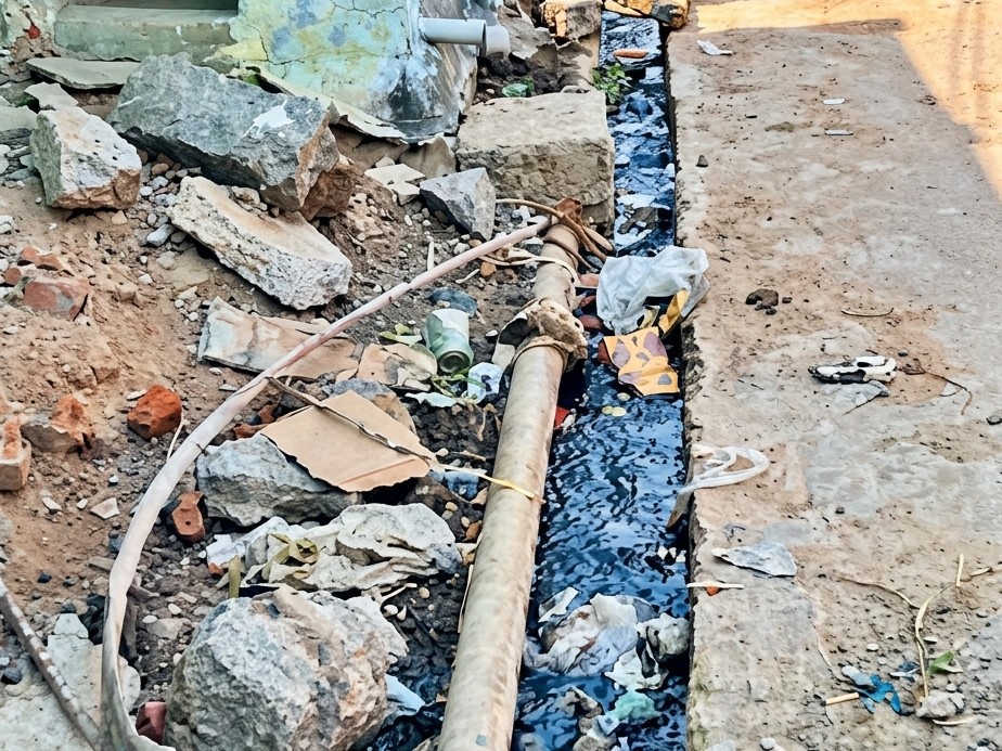 మురుగు కాలువలో తాగునీటి పైపులు
