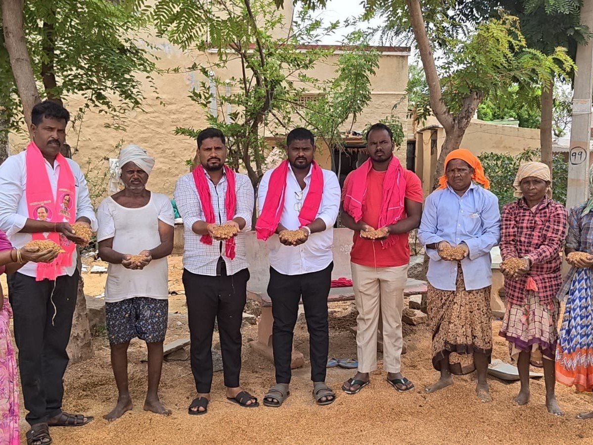 తడిసిన ధాన్యాన్ని పరిశీలించిన బీఆర్ఎస్ నాయకులు