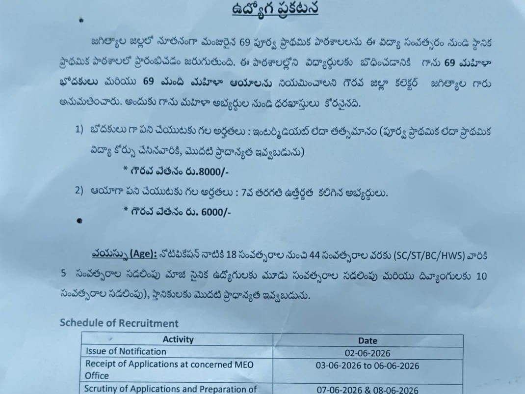 ఆయాల నియామకానికి దరఖాస్తుల ఆహ్వానం